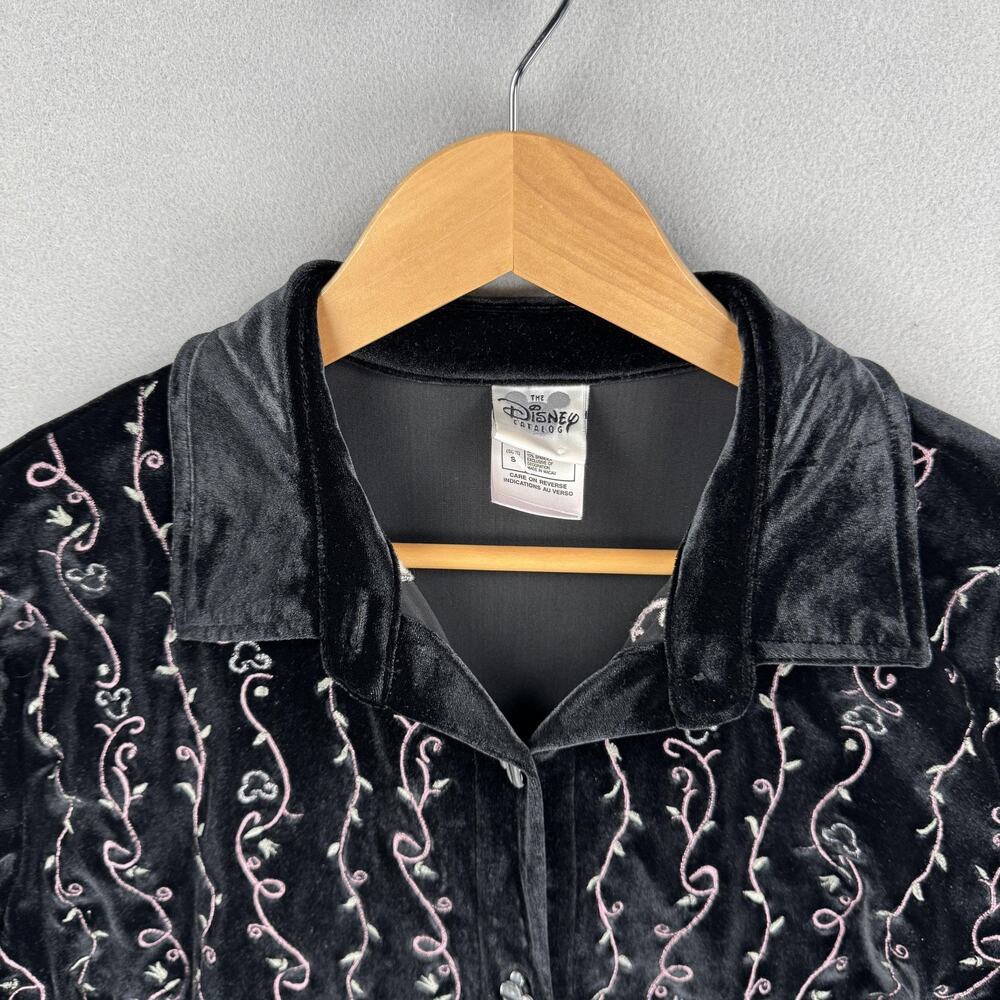 Disney Shirt Womens Small Black Velvet Button Up Embroidered Mickey Mouse Floral - Picture 2 of 8